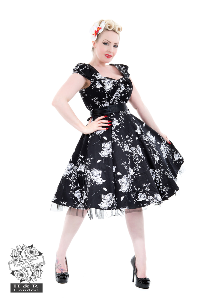 50's Imitation Black White Floral Tea Dress